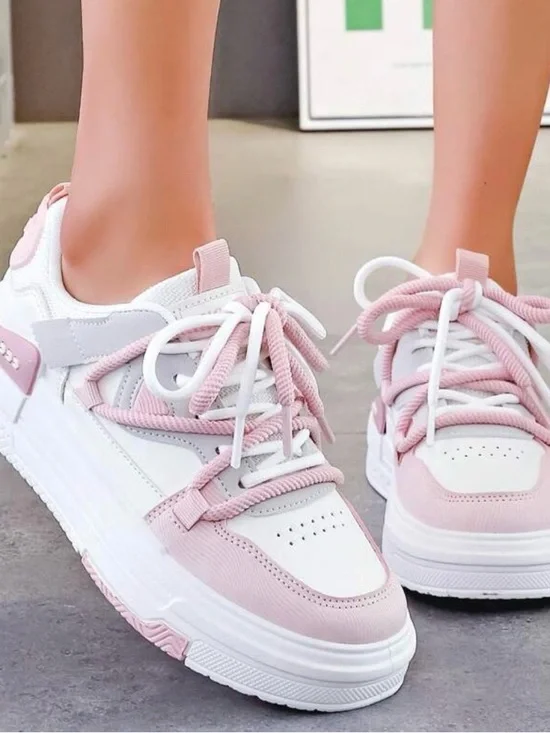 Women's Low-Top Casual Sneakers in Pink and White - Picture 4 of 10